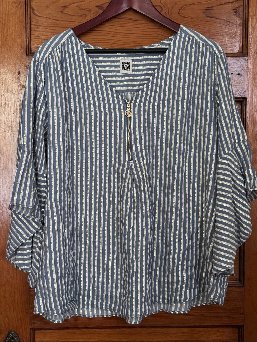 Anne Klein Striped V-Neck Zip-Front Women's Top in Blue and Gold Size XL